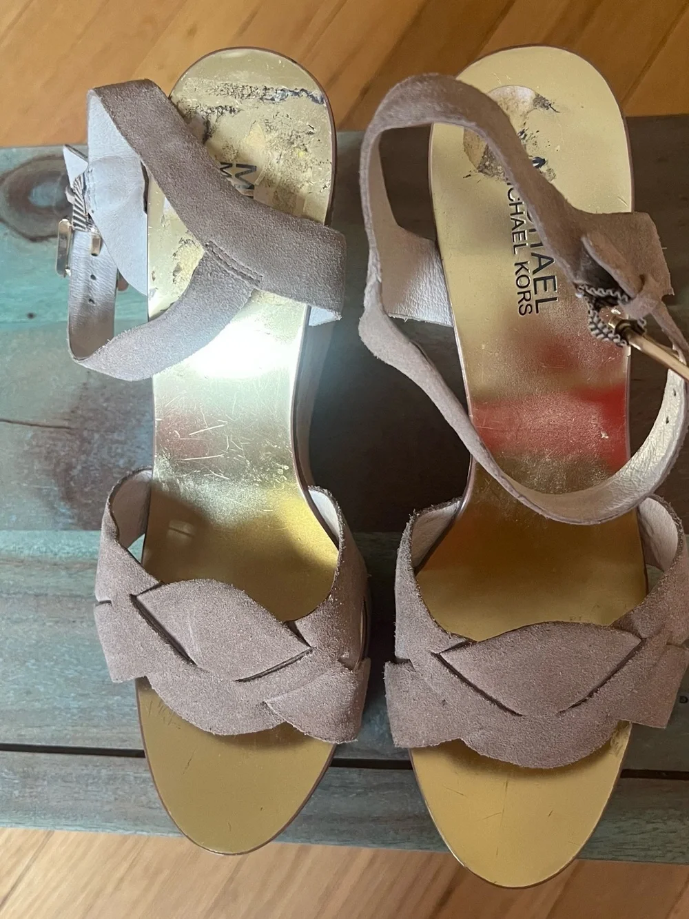 Michael Kors Nude Suede Block Heel Sandals with Gold Footbed